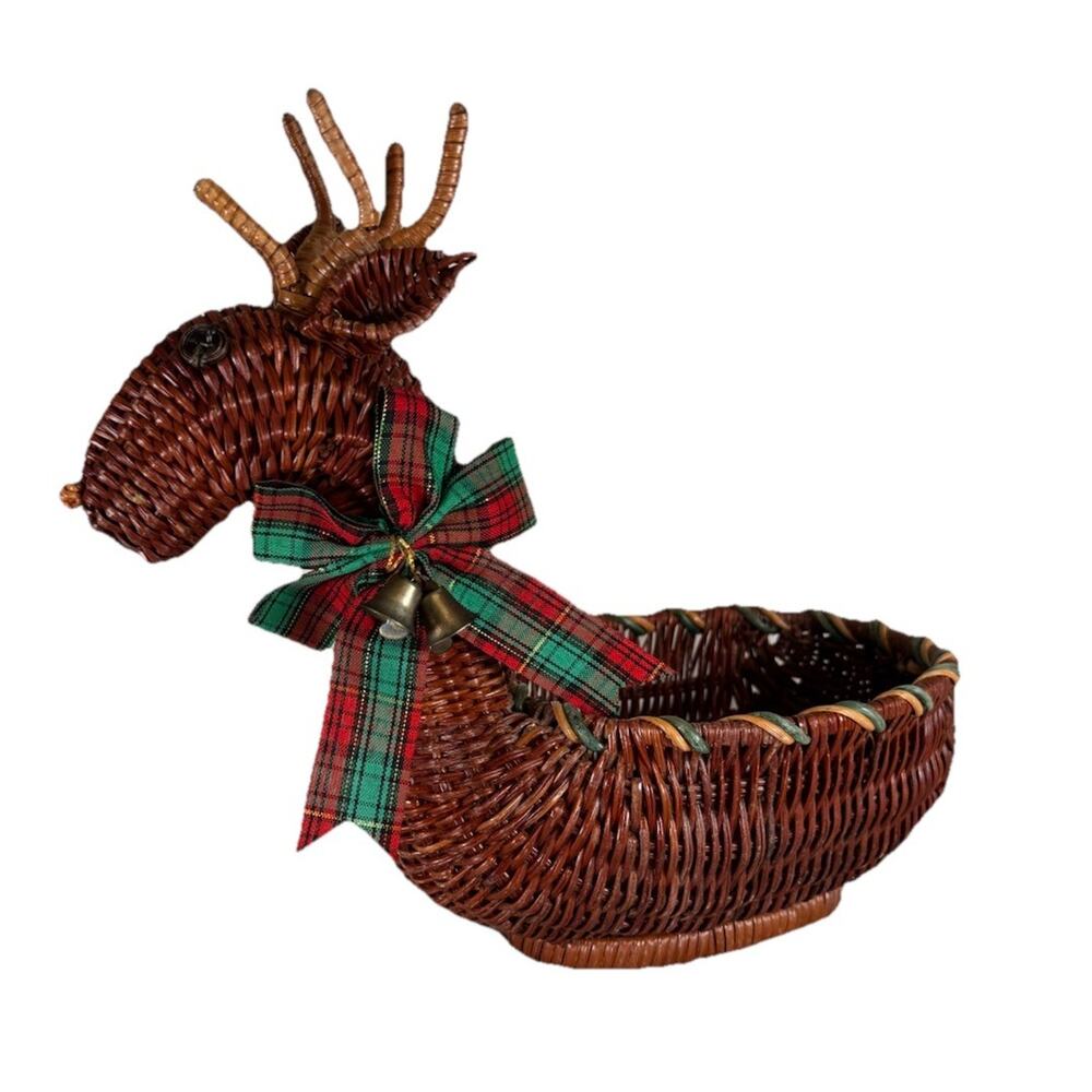 Vintage 90s Reindeer Wicker Basket 10” Woven Bells Christmas Decoration Boho